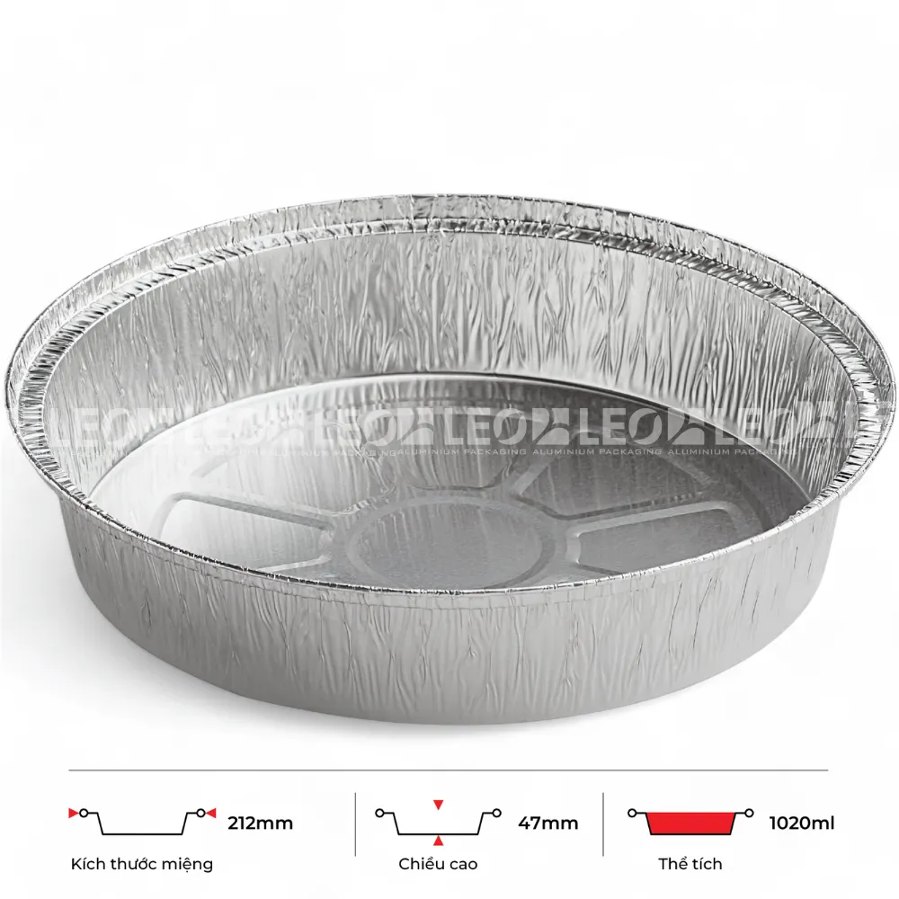 Thông số kích thước khay dĩa nhôm tròn phổ thông 1020ml LEO miệng 212mm, chiều cao 47mm