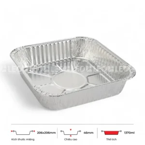 Thông số kích thước khay nhôm vuông phổ thông 1370ml LEO miệng 206x206mm, chiều cao 46mm