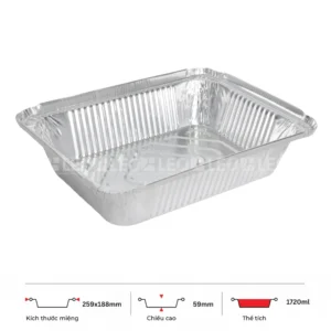 Thông số kích thước khay nhôm chữ nhật phổ thông 1720ml LEO miệng 259x188mm, chiều cao 59mm
