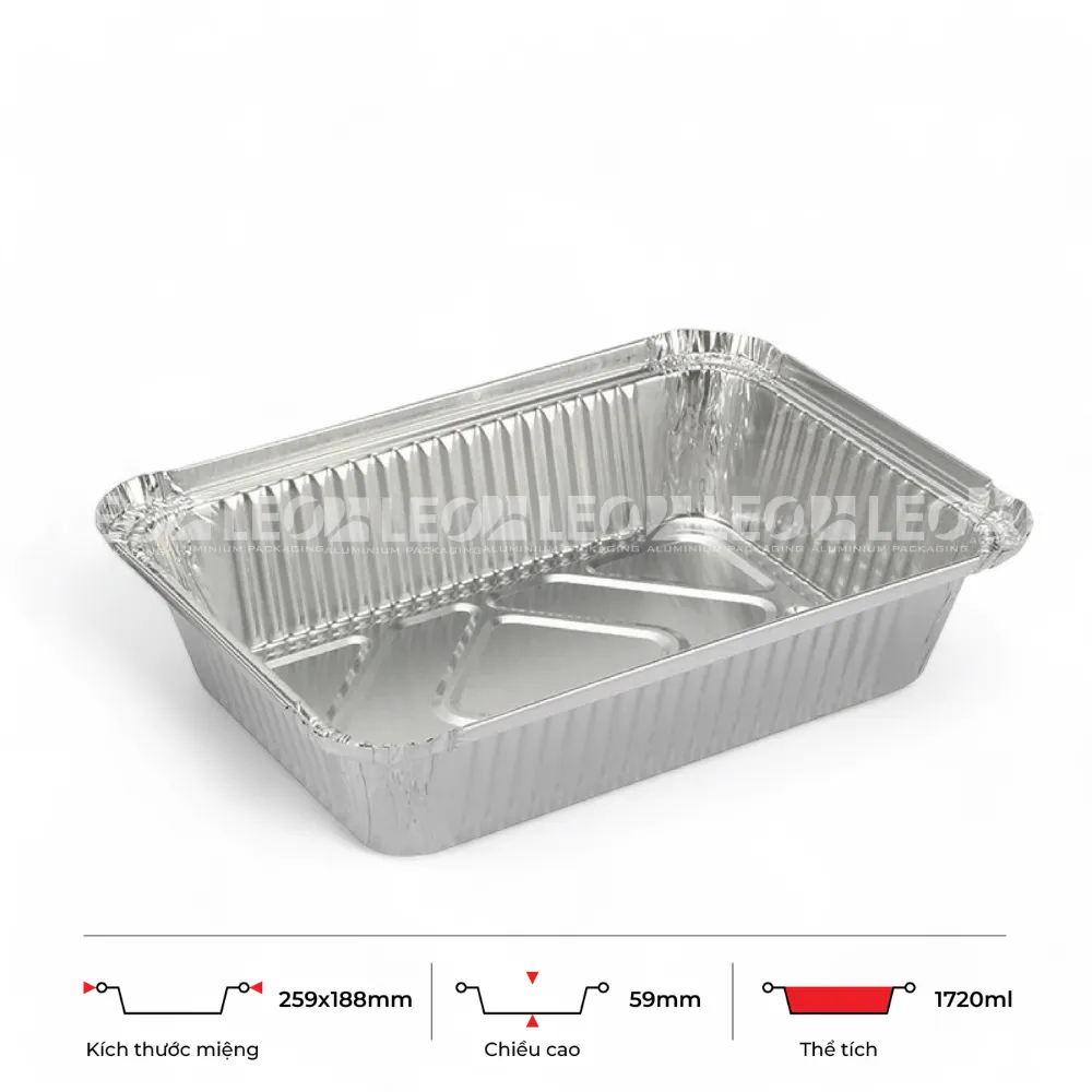 Thông số kích thước khay nhôm chữ nhật phổ thông 1720ml LEO miệng 259x188mm, chiều cao 59mm