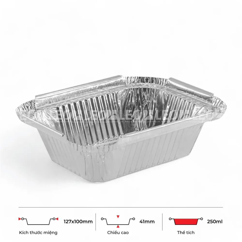 Thông số kích thước khay nhôm chữ nhật phổ thông 250ml LEO miệng 127x100mm, chiều cao 41mm