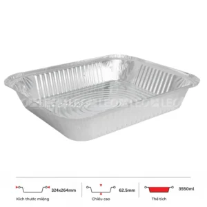 Thông số kích thước khay nhôm chữ nhật phổ thông 3550ml LEO miệng 324x264mm, chiều cao 62.5mm
