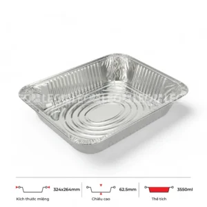 Thông số kích thước khay nhôm chữ nhật phổ thông 3550ml LEO miệng 324x264mm, chiều cao 62.5mm