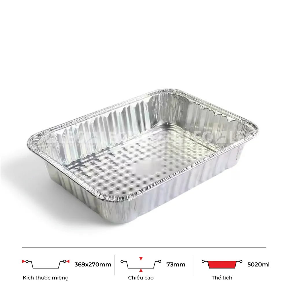 Thông số kích thước khay nhôm chữ nhật phổ thông 5020ml LEO miệng 369x270mm, chiều cao 73mm