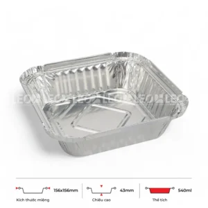 Thông số kích thước khay nhôm vuông phổ thông 540ml LEO miệng 156x156mm, chiều cao 43mm