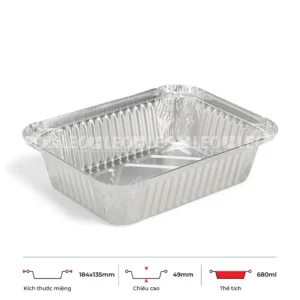Thông số kích thước khay nhôm chữ nhật phổ thông 680ml LEO miệng 184x135mm, chiều cao 49mm