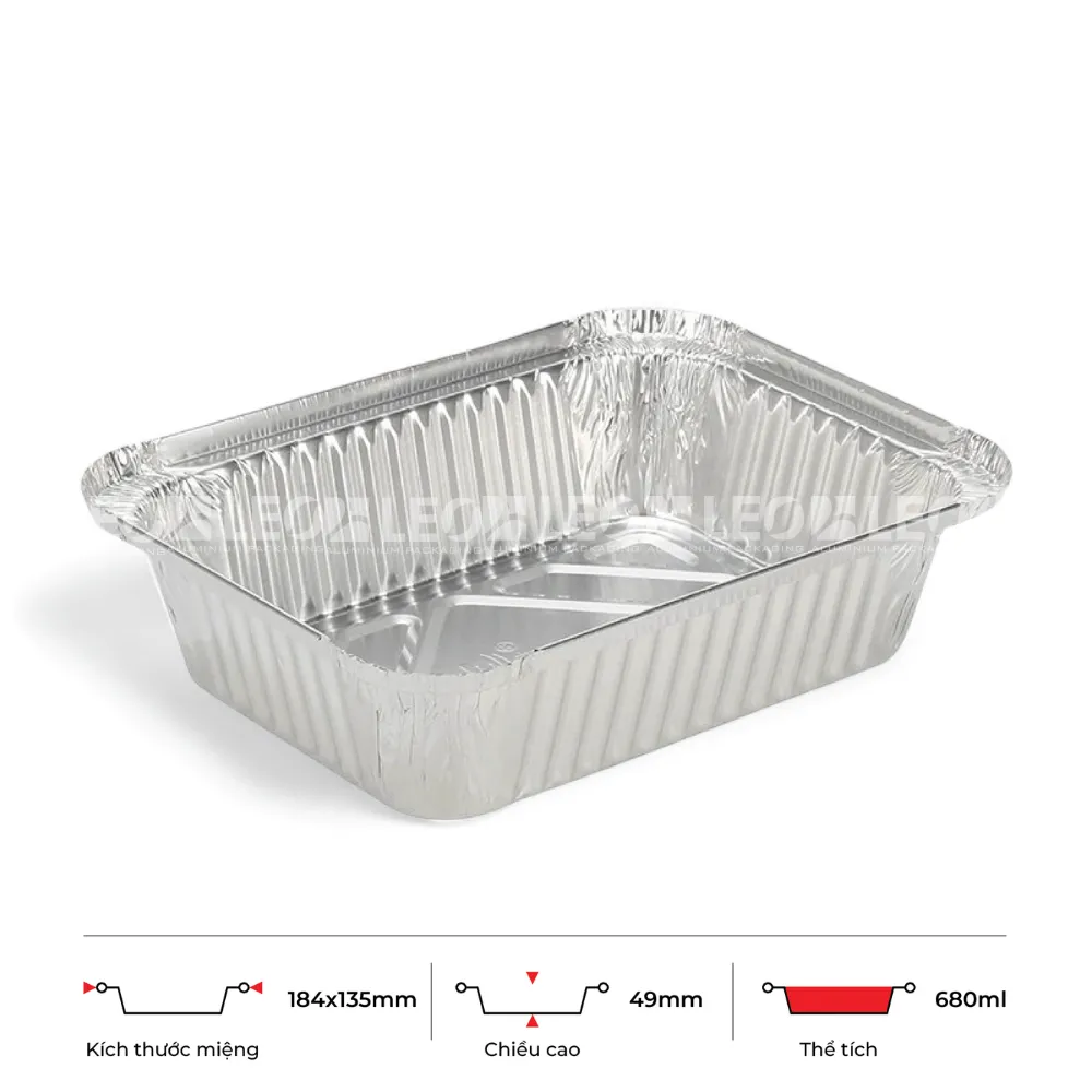 Thông số kích thước khay nhôm chữ nhật phổ thông 680ml LEO miệng 184x135mm, chiều cao 49mm