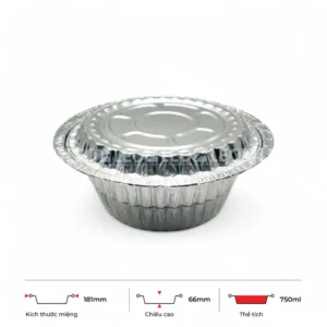 Thông số kích thước khay nhôm tròn phổ thông 750ml LEO miệng 181mm, chiều cao 66mm