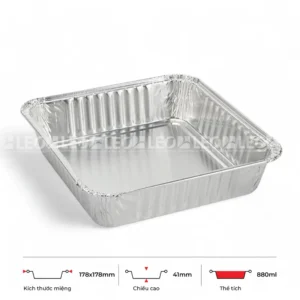 Thông số kích thước khay nhôm vuông phổ thông 880ml LEO miệng 178x178mm, chiều cao 41mm