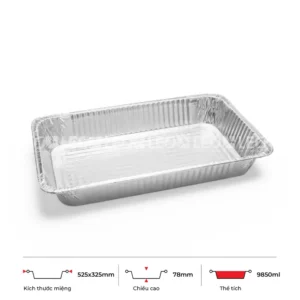 Thông số kích thước khay nhôm chữ nhật phổ thông 9850ml LEO miệng 525x325mm, chiều cao 78mm