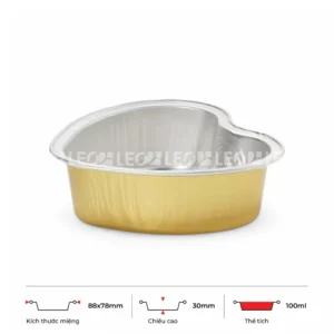 Thông số kích thước khay nhôm bánh hình trái tim cao cấp 100ml LEO miệng 88x78mm, chiều cao 30mm