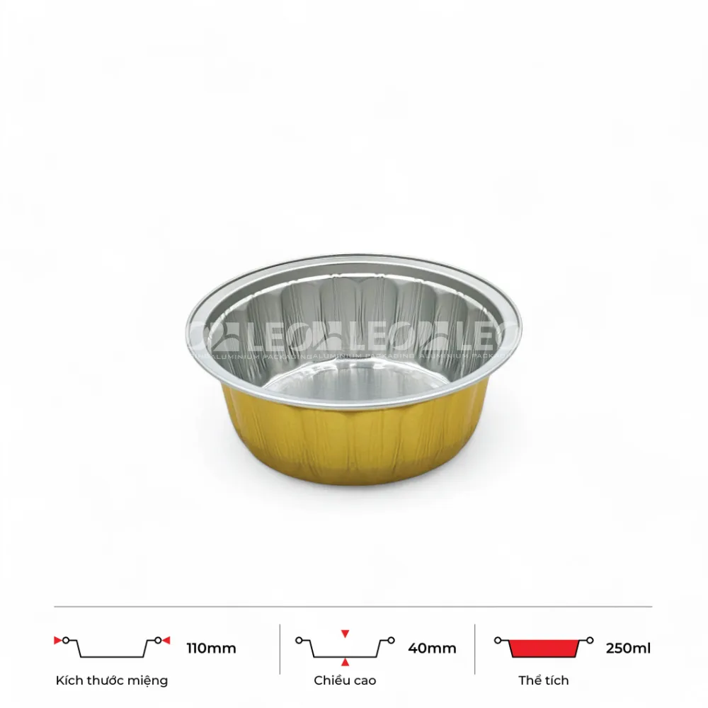 Thông số kích thước khay nhôm tròn cao cấp 250ml LEO miệng 110mm, chiều cao 40mm