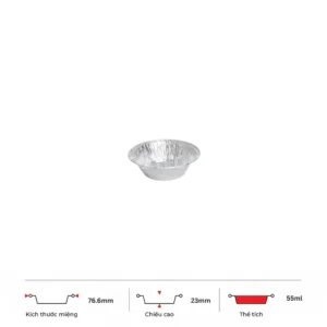 Thông số kích thước khay nhôm tròn phổ thông 55ml LEO miệng 76.6mm, chiều cao 23mm