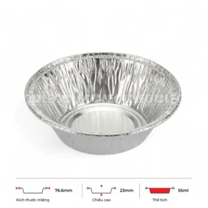 Thông số kích thước khay nhôm tròn phổ thông 55ml LEO miệng 76.6mm, chiều cao 23mm