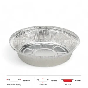 Thông số kích thước khay nhôm tròn phổ thông 670ml LEO miệng 180mm, chiều cao 45mm