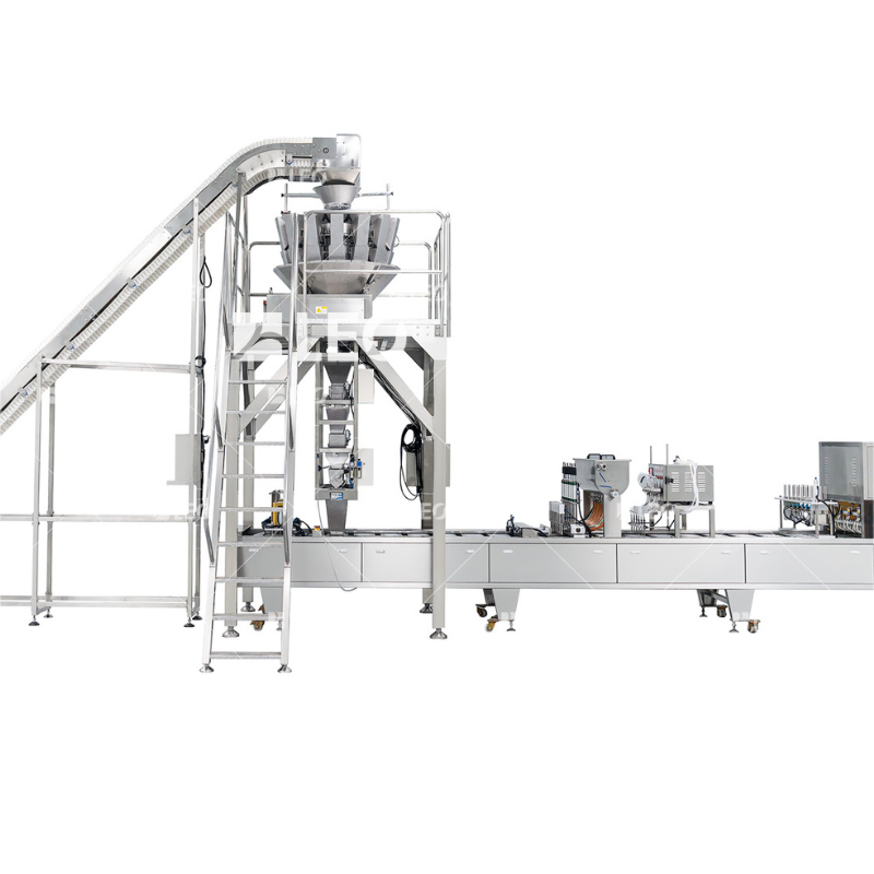 Dây chuyền cân định lượng, chiết rót, thả phôi, đóng seal tự động dạng băng tải