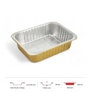 Thông số kích thước khay nhôm chữ nhật cao cấp 1025ml LEO miệng 221x168mm, chiều cao 38mm