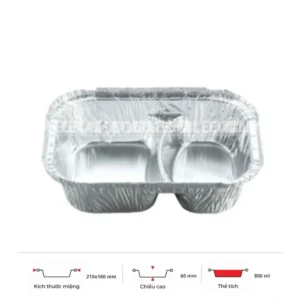 Thông số kích thước khay nhôm 2 ngăn phổ thông 800ml LEO miệng 210x160mm, chiều cao 60mm