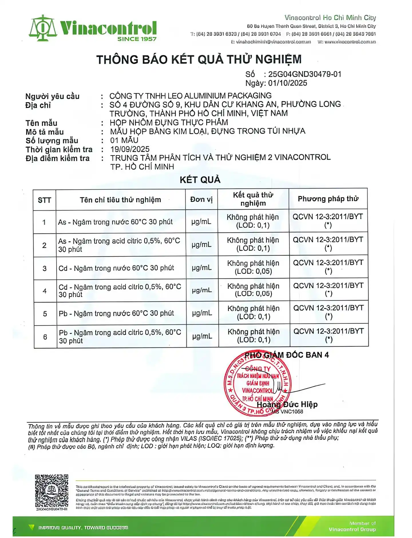Chứng chỉ - Test Report Khay nhôm LEO