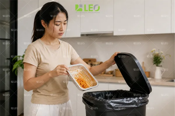 Người dùng bỏ khay nhôm còn thức ăn thừa vào thùng rác