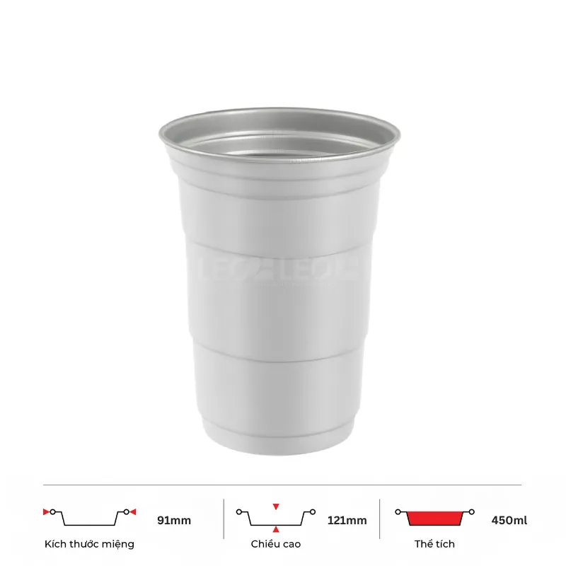 Thông số kích thước ly nhôm 450ml LEO miệng 91mm, chiều cao 121mm