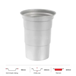 Thông số kích thước ly nhôm 600ml LEO miệng 98mm, chiều cao 142mm