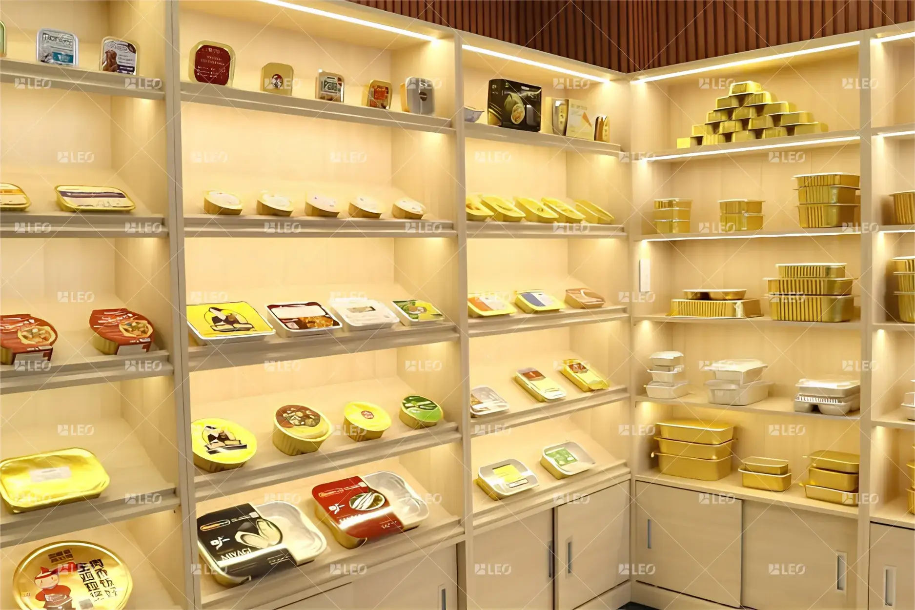 Tủ trưng bày các mẫu khay nhôm tại showroom của LEO